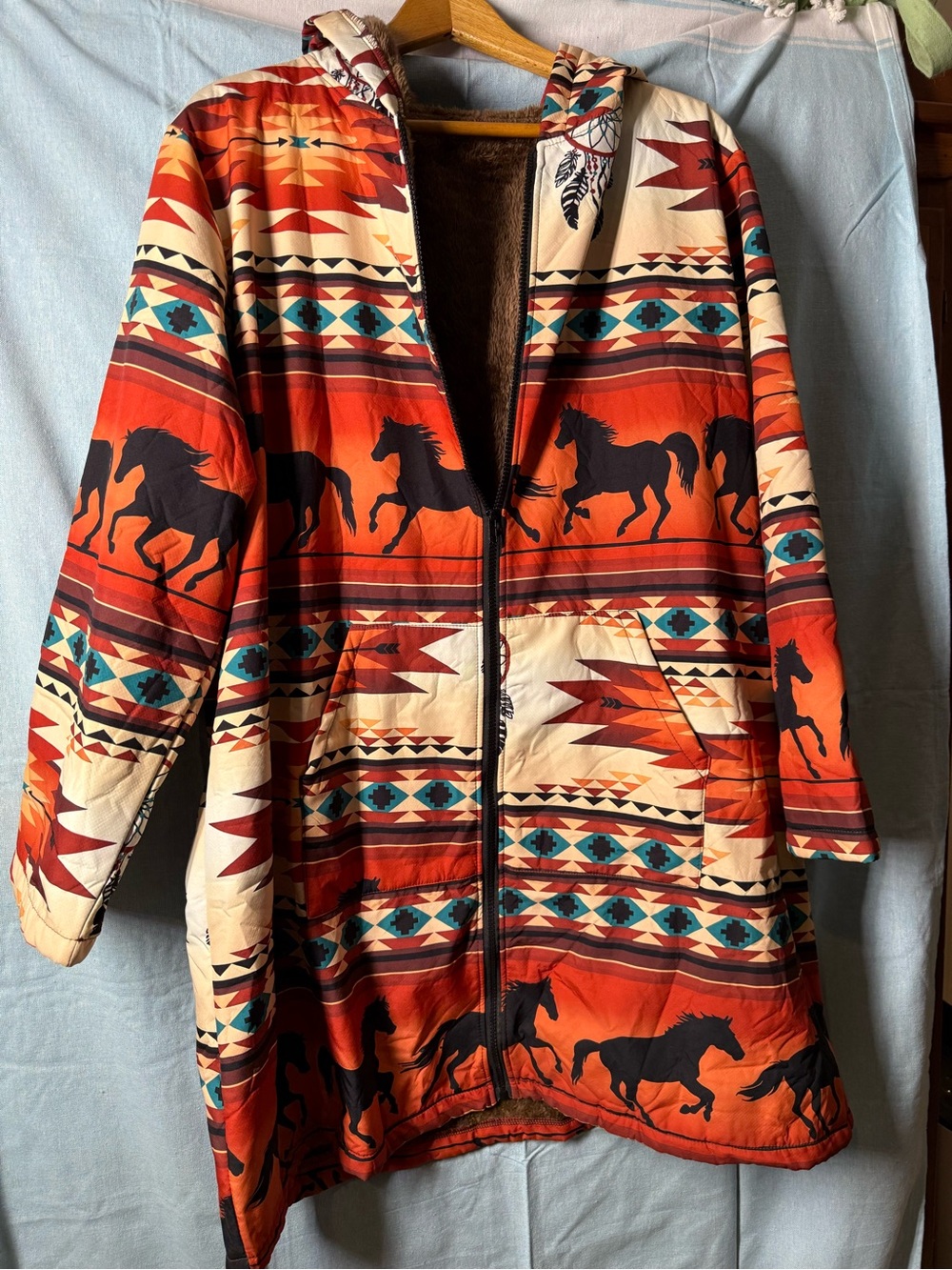 Southwest Horse Print Hooded Coat - Red & Cream Aztec